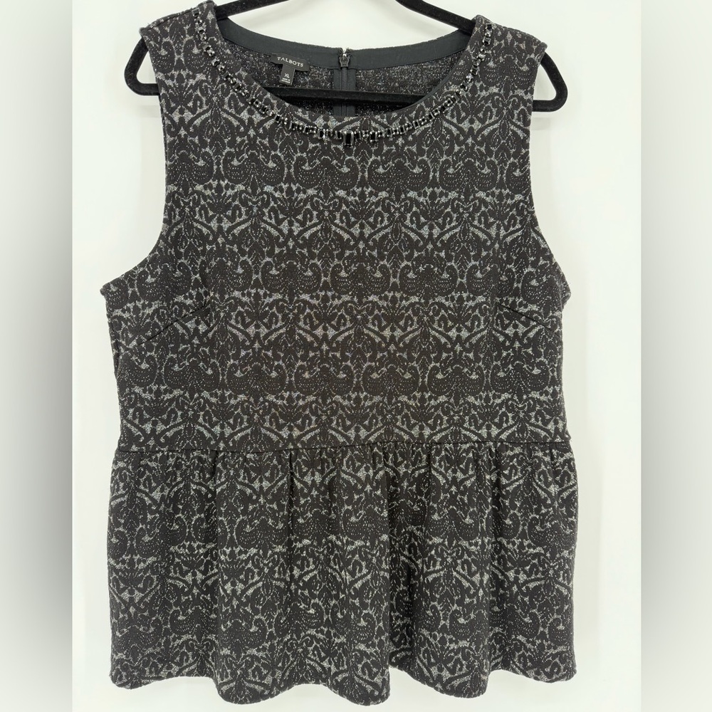 Talbots Black & Silver Jacquard Peplum Sleeveless Top –‎ Size XL